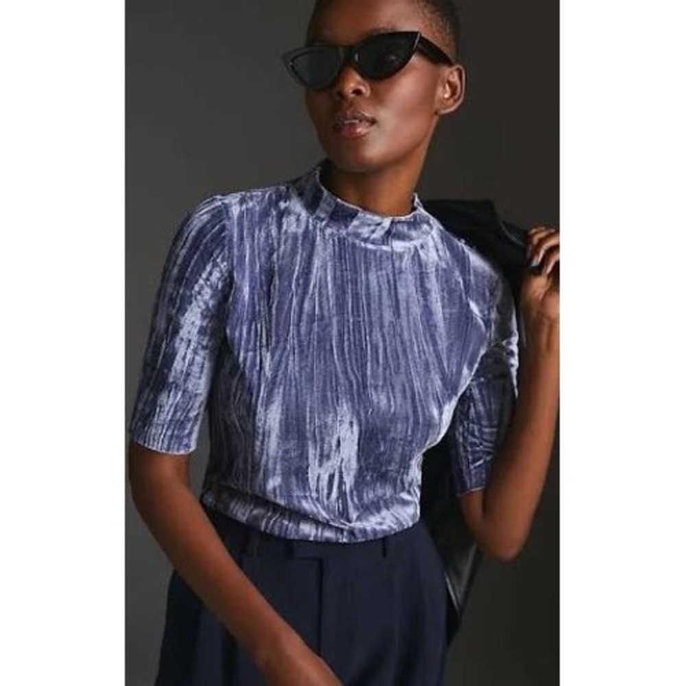Pilcro Anthropologie Slate Blue Velveteen Mock Neck Short Sleeve Top XL